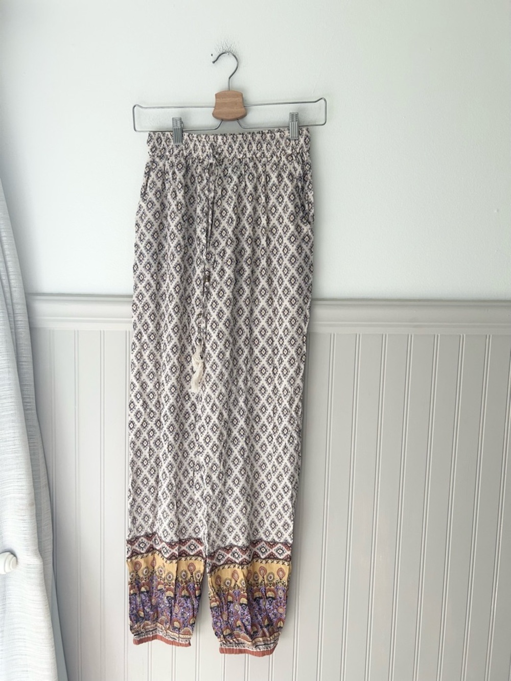 Angie Small Cream & Purple Boho Printed Harem Pants